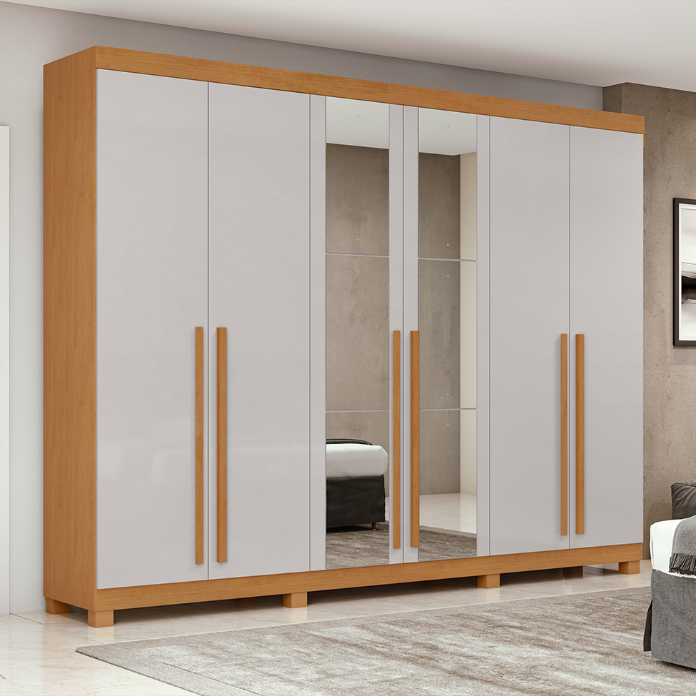 Guarda-Roupa Casal com Espelho e Pés Bertha 6 Portas 4 Gavetas Amêndoa Clean e Off White