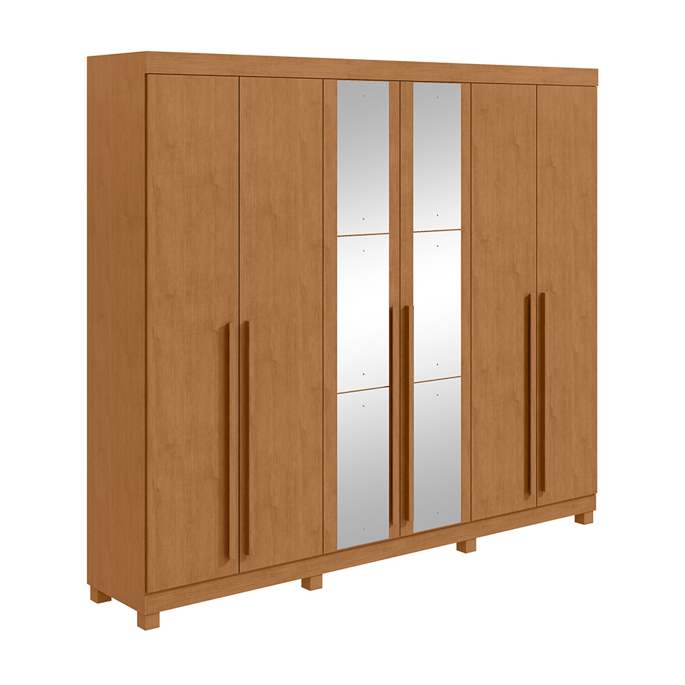 Guarda-Roupa Casal com Espelho e Pés Bertha 6 Portas 6 Gavetas Amêndoa Clean