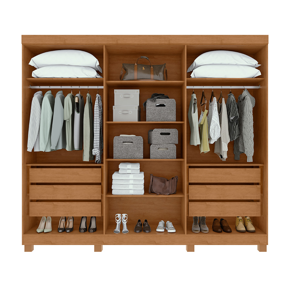 Guarda-Roupa Casal com Espelho e Pés Bertha 6 Portas 6 Gavetas Amêndoa Clean