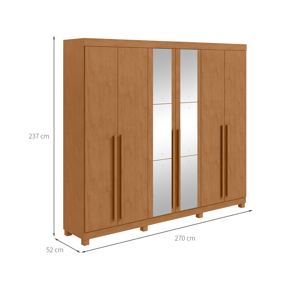Guarda-Roupa Casal com Espelho e Pés Bertha 6 Portas 6 Gavetas Amêndoa Clean