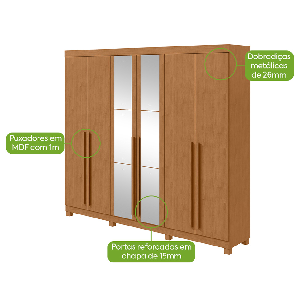 Guarda-Roupa Casal com Espelho e Pés Bertha 6 Portas 6 Gavetas Amêndoa Clean