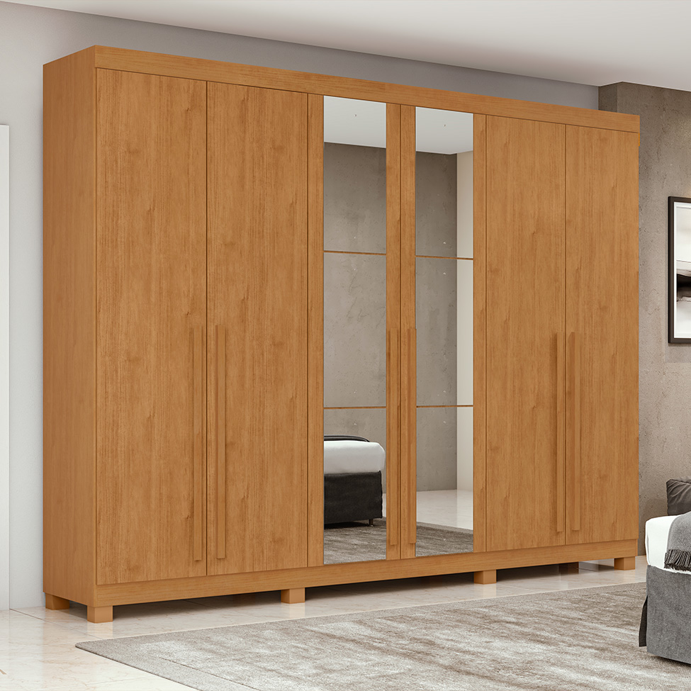 Guarda-Roupa Casal com Espelho e Pés Bertha 6 Portas 6 Gavetas Amêndoa Clean