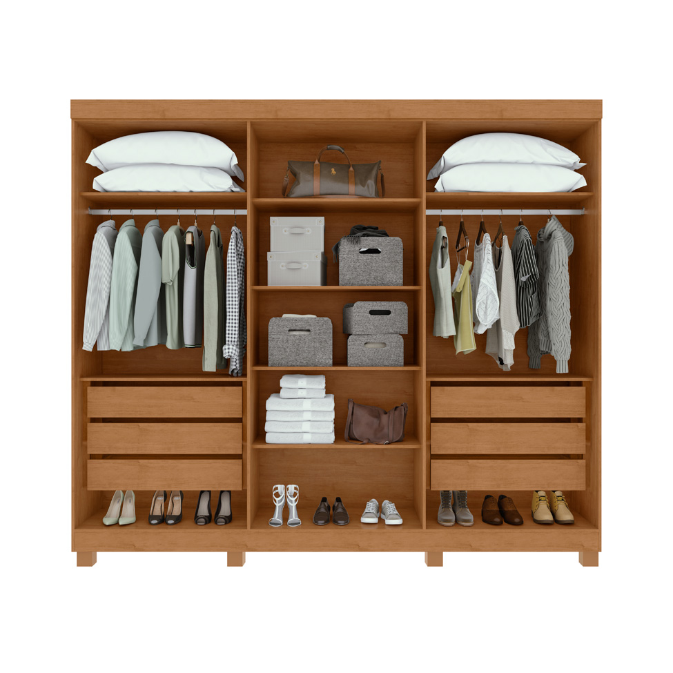 Guarda-Roupa Casal com Espelho e Pés Bertha 6 Portas 6 Gavetas Amêndoa Clean e Off White