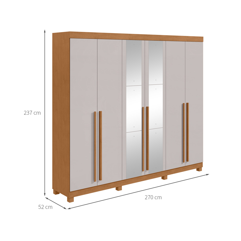 Guarda-Roupa Casal com Espelho e Pés Bertha 6 Portas 6 Gavetas Amêndoa Clean e Off White
