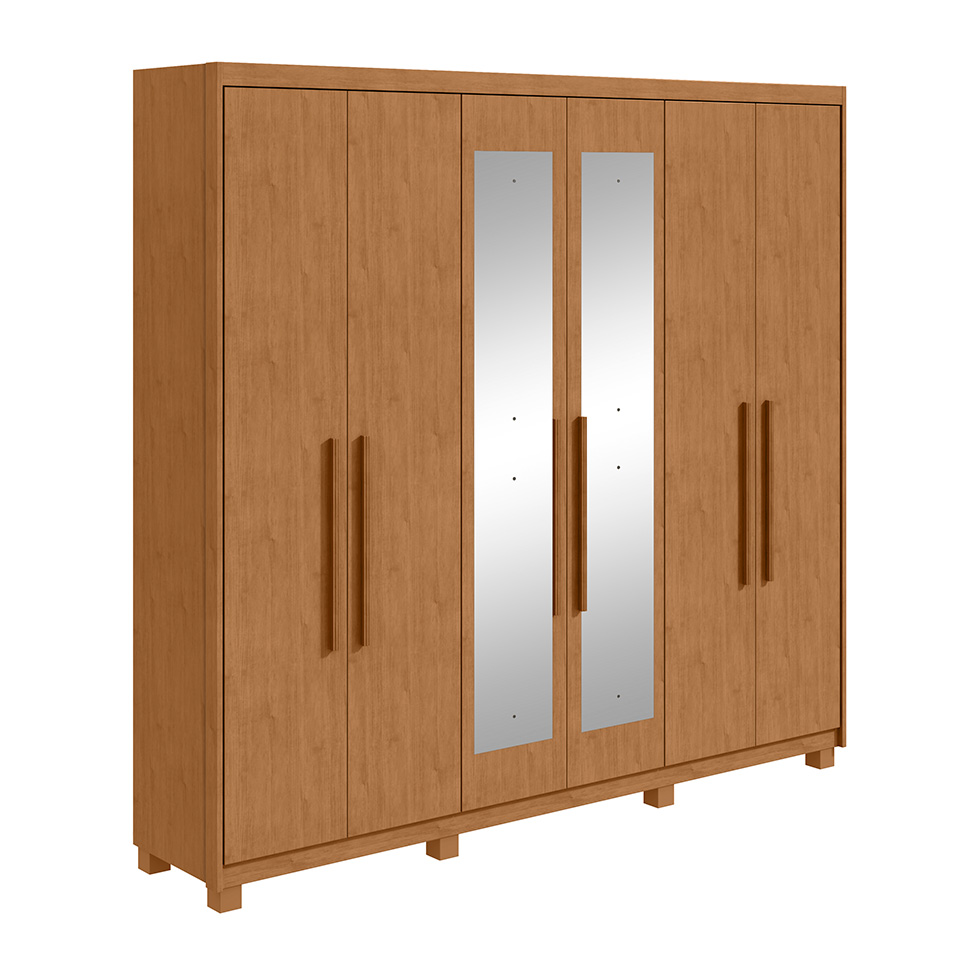 Guarda-Roupa Casal com Espelho e Pés Áries 6 Portas 5 Gavetas Amêndoa Clean