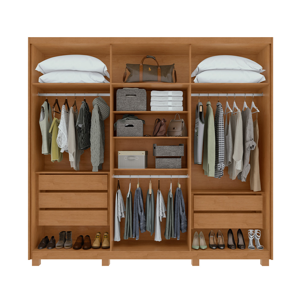 Guarda-Roupa Casal com Espelho e Pés Áries 6 Portas 5 Gavetas Amêndoa Clean