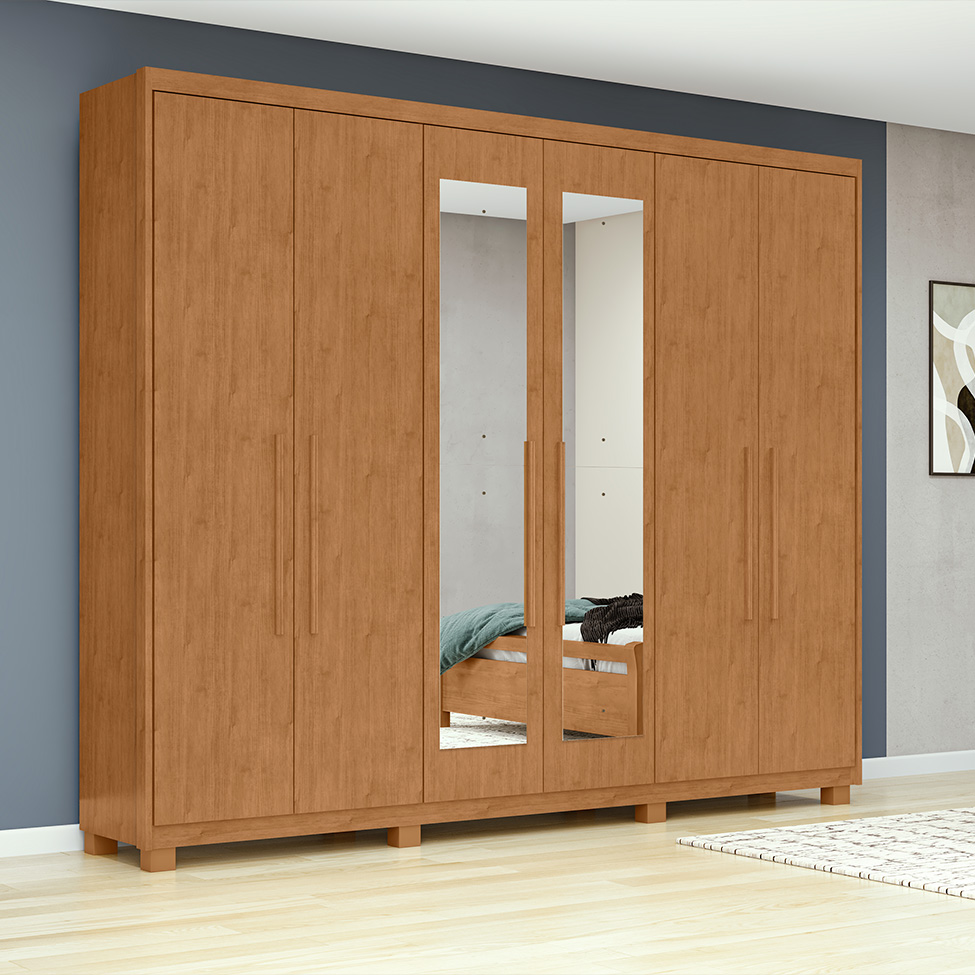 Guarda-Roupa Casal com Espelho e Pés Áries 6 Portas 5 Gavetas Amêndoa Clean