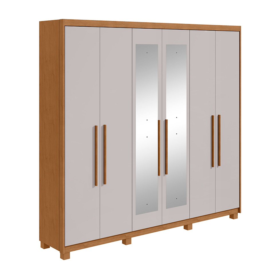 Guarda-Roupa Casal com Espelho e Pés Áries 6 Portas 5 Gavetas Amêndoa Clean e Off White
