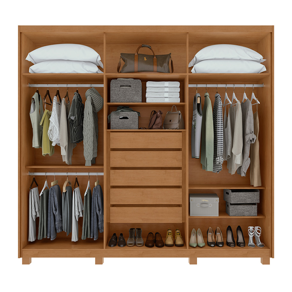 Guarda-Roupa Casal com Espelho e Pés Áries 6 Portas 5 Gavetas Amêndoa Clean e Off White