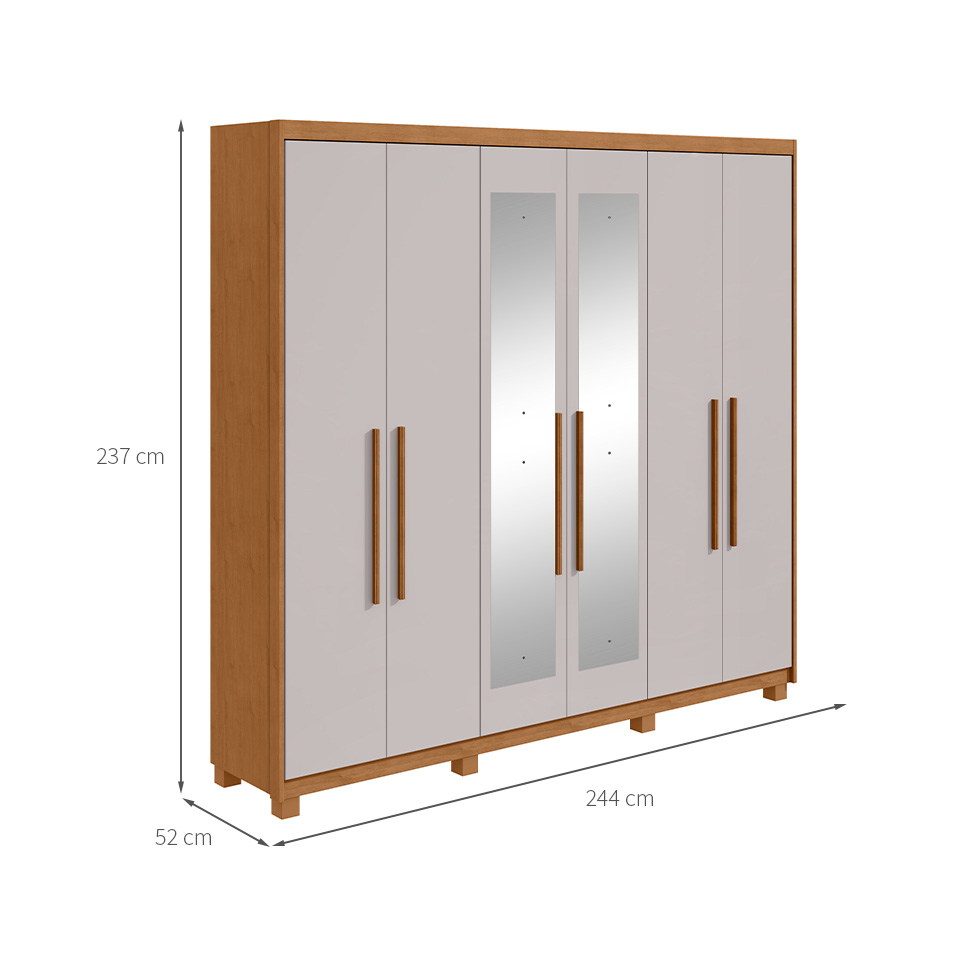 Guarda-Roupa Casal com Espelho e Pés Áries 6 Portas 5 Gavetas Amêndoa Clean e Off White