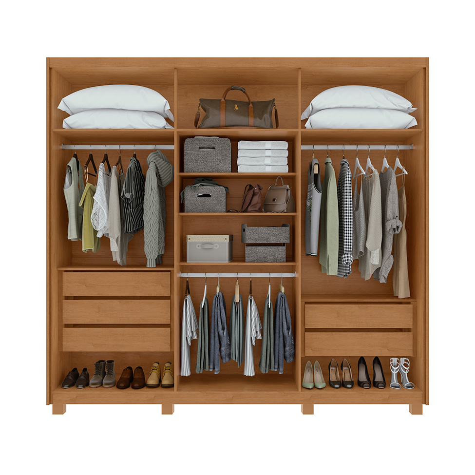 Guarda-Roupa Casal com Espelho e Pés Áries 6 Portas 5 Gavetas Amêndoa Clean e Off White