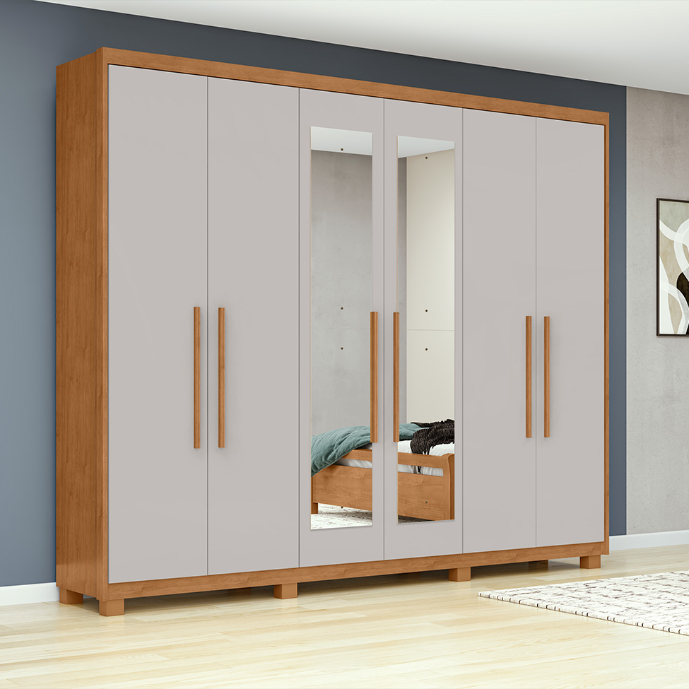 Guarda-Roupa Casal com Espelho e Pés Áries 6 Portas 5 Gavetas Amêndoa Clean e Off White