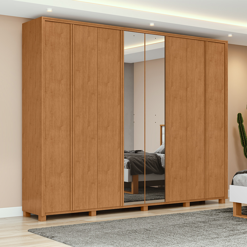 Guarda-Roupa Casal com Espelho e Pés Ergon 8 Portas 6 Gavetas Amêndoa Clean