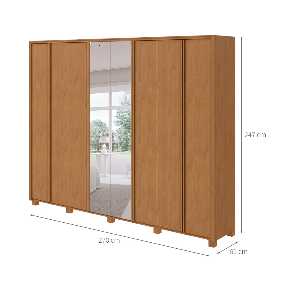 Guarda-Roupa Casal com Espelho e Pés Ergon 8 Portas 6 Gavetas Amêndoa Clean
