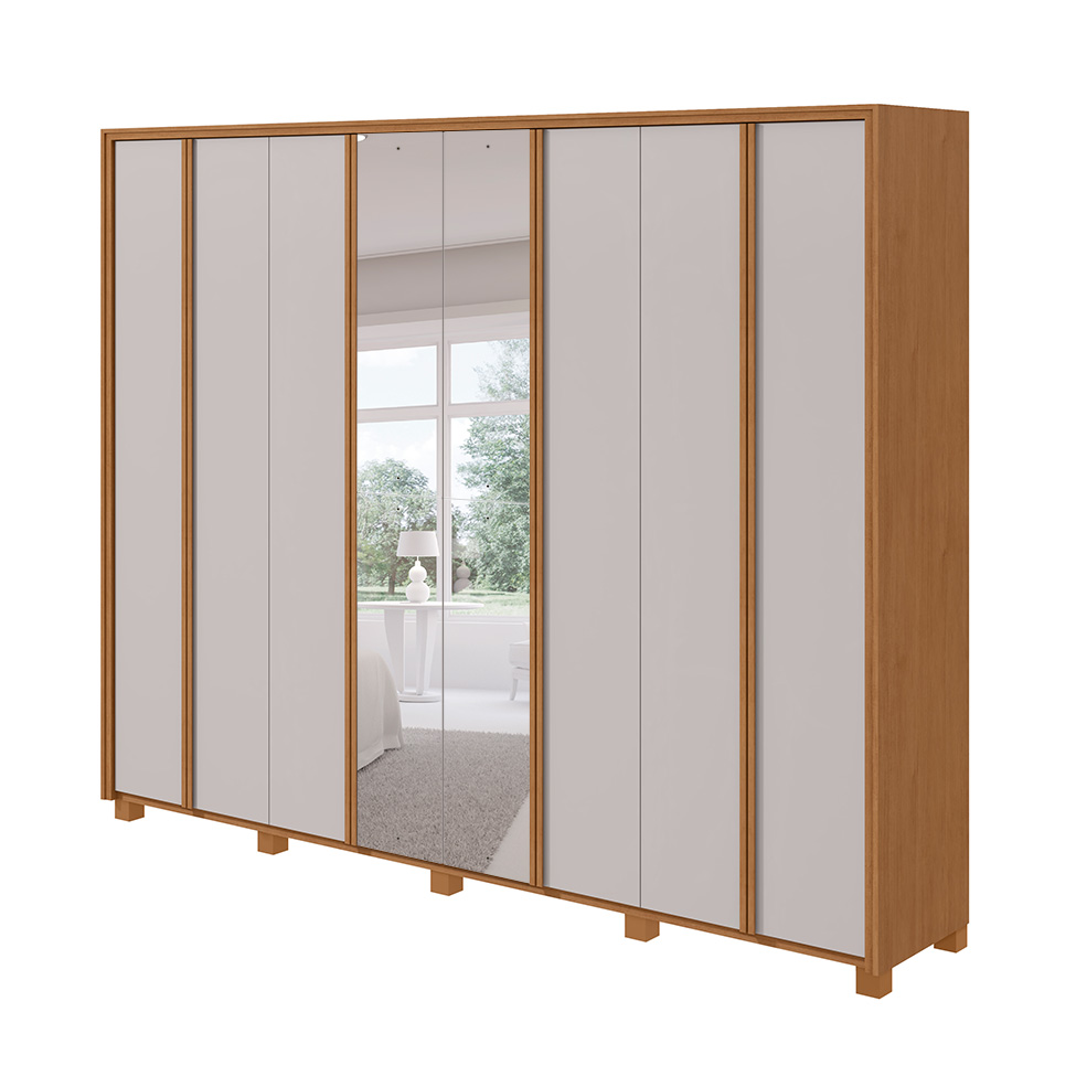 Guarda-Roupa Casal com Espelho e Pés Ergon 8 Portas 6 Gavetas Amêndoa Clean e Off White