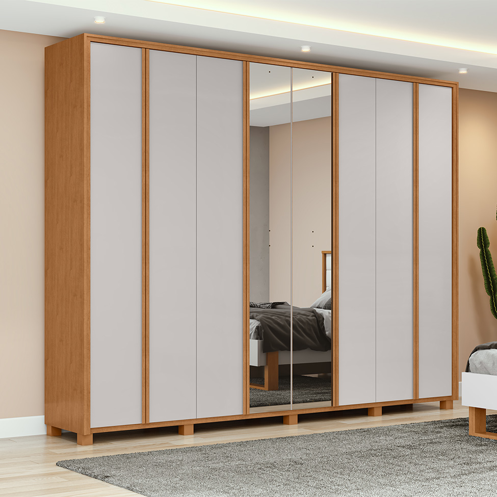 Guarda-Roupa Casal com Espelho e Pés Ergon 8 Portas 6 Gavetas Amêndoa Clean e Off White