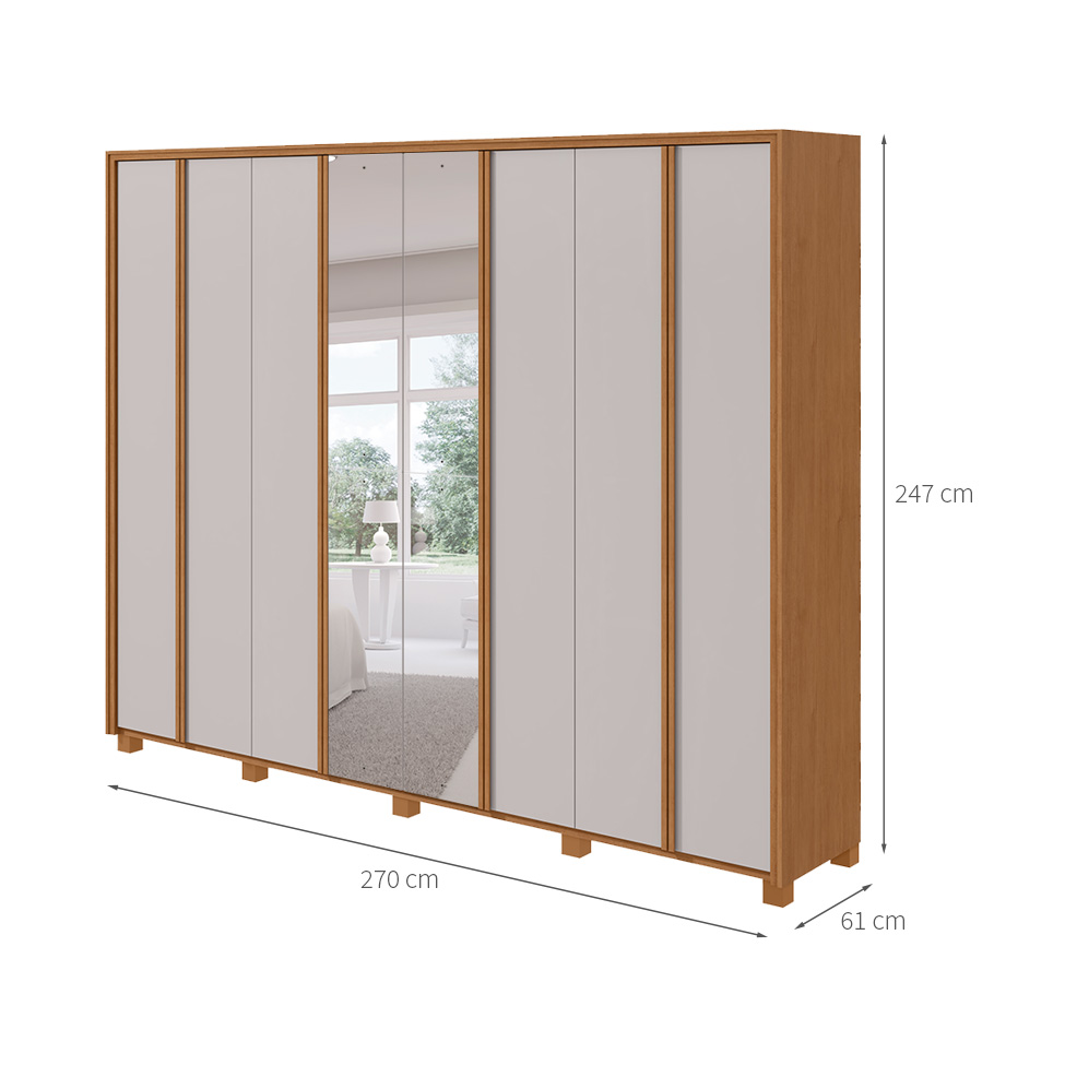 Guarda-Roupa Casal com Espelho e Pés Ergon 8 Portas 6 Gavetas Amêndoa Clean e Off White