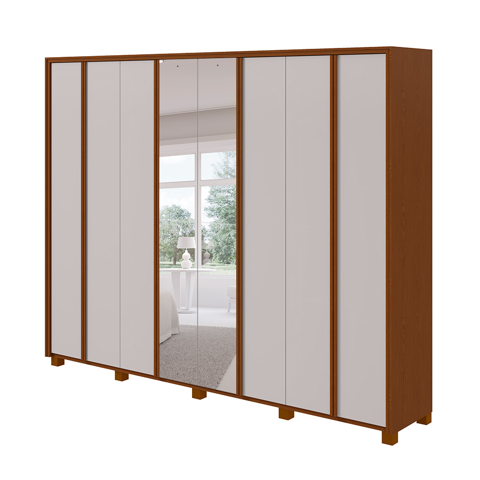 Guarda-Roupa Casal com Espelho e Pés Ergon 8 Portas 6 Gavetas Frassino e Off White