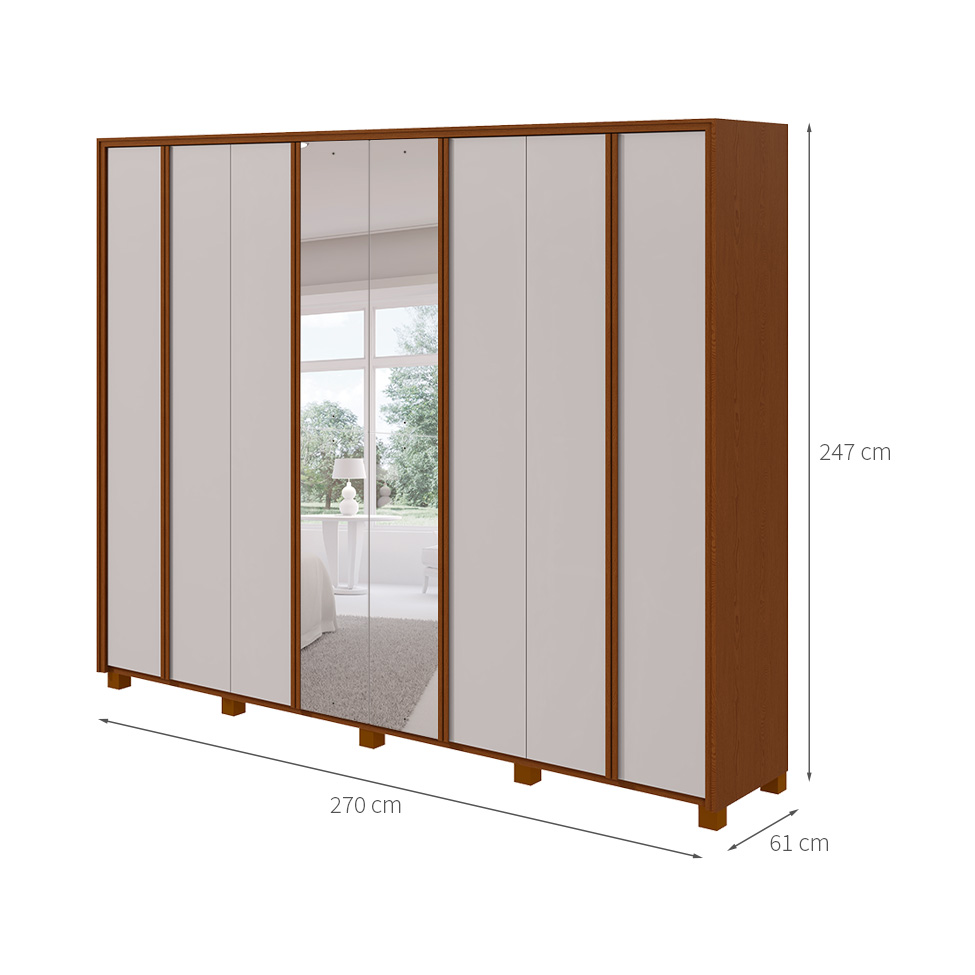 Guarda-Roupa Casal com Espelho e Pés Ergon 8 Portas 6 Gavetas Frassino e Off White