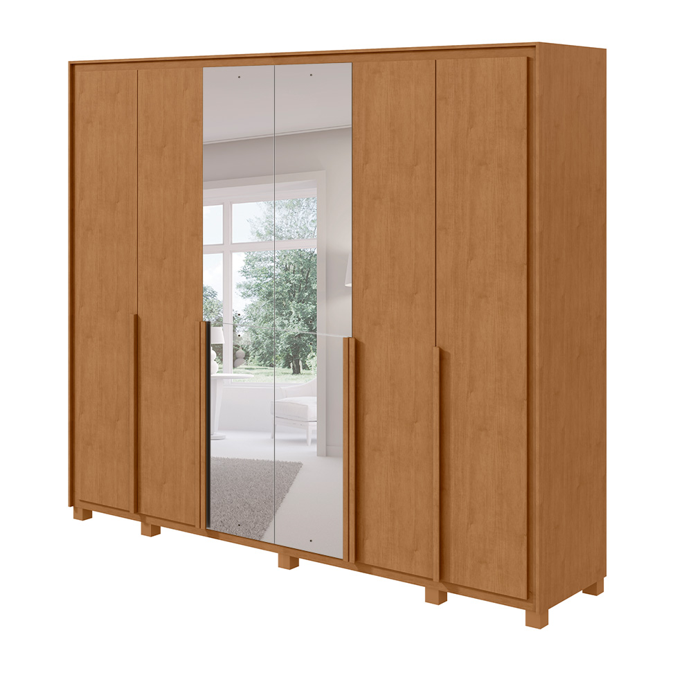 Guarda-Roupa Casal com Espelho e Pés Imperatore 6 Portas 6 Gavetas Amêndoa Clean