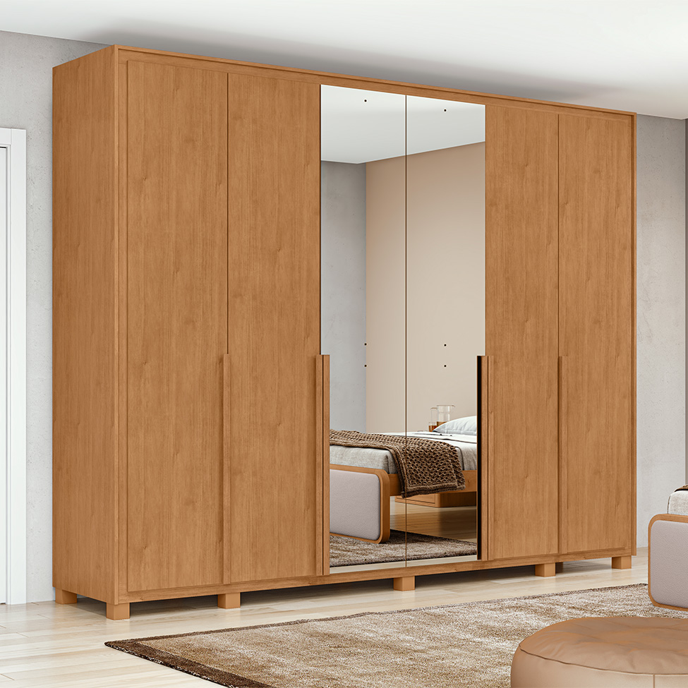 Guarda-Roupa Casal com Espelho e Pés Imperatore 6 Portas 6 Gavetas Amêndoa Clean