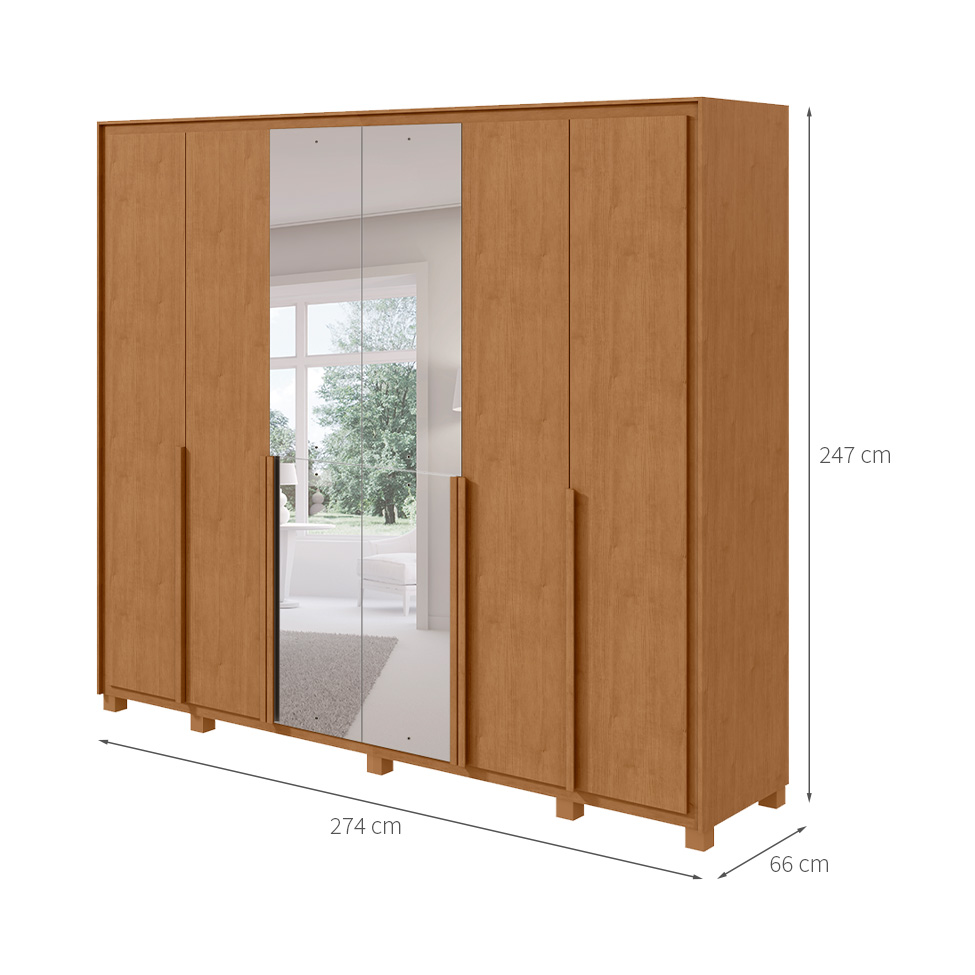 Guarda-Roupa Casal com Espelho e Pés Imperatore 6 Portas 6 Gavetas Amêndoa Clean