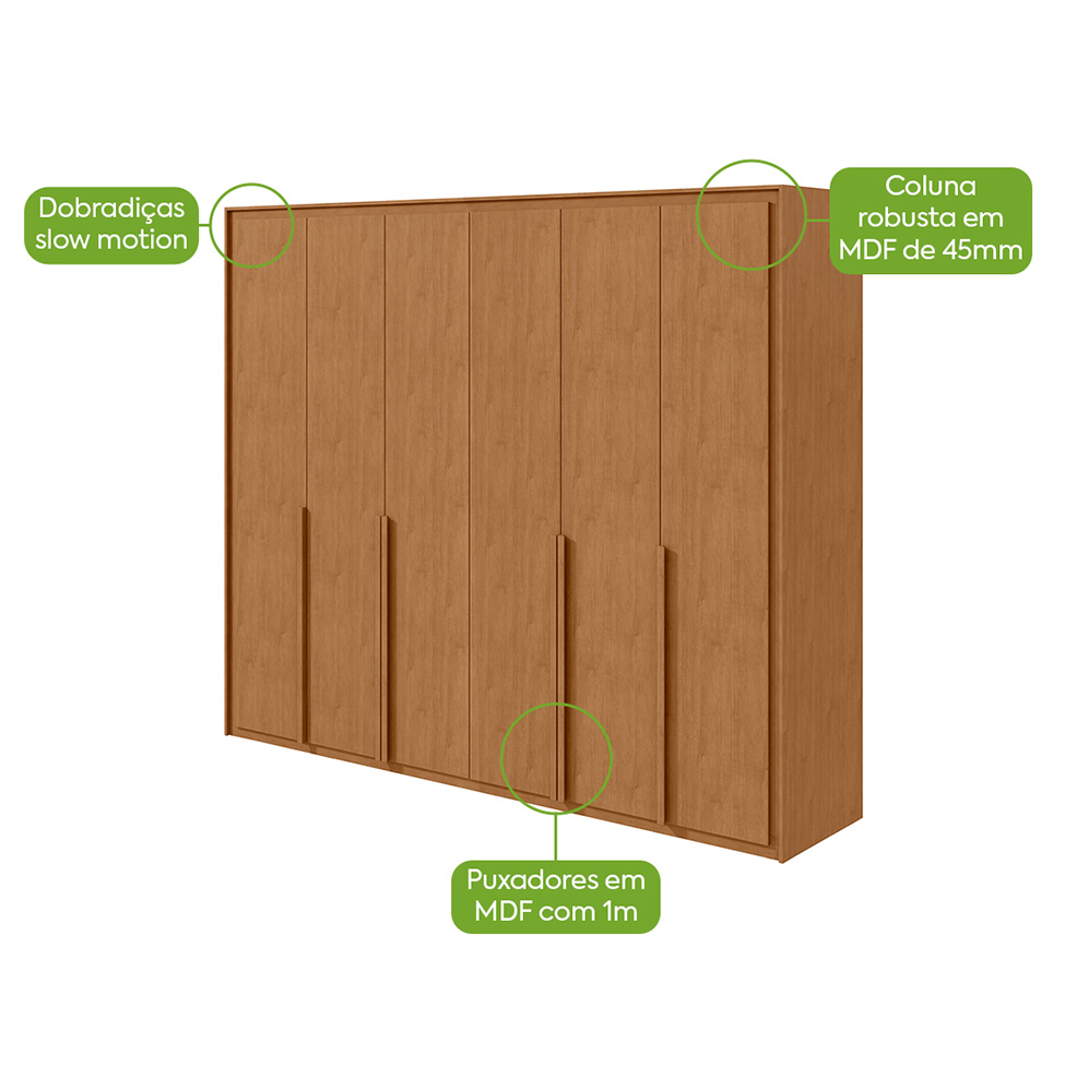 Guarda-Roupa Casal com Espelho e Pés Imperatore 6 Portas 6 Gavetas Amêndoa Clean