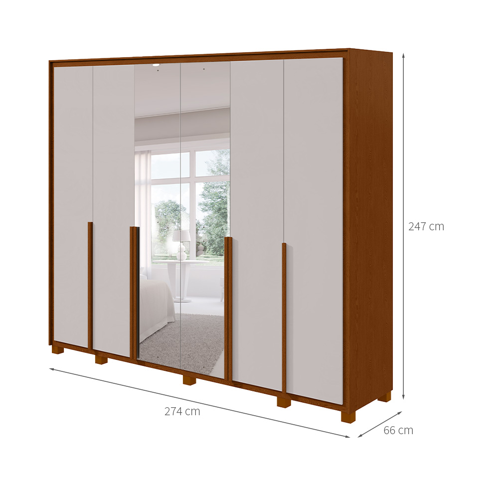 Guarda-Roupa Casal com Espelho e Pés Imperatore 6 Portas 6 Gavetas Frassino e Off White