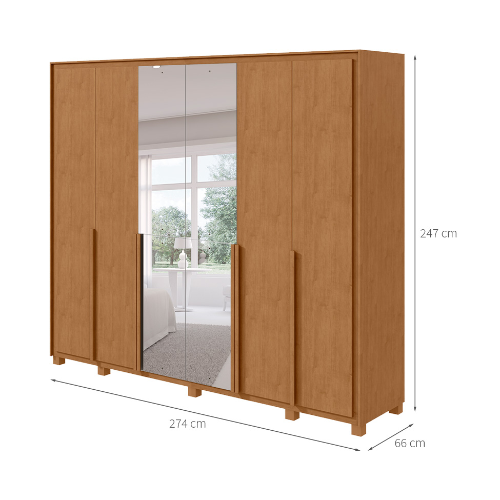 Guarda-Roupa Casal com Espelho e Pés Imperatore 6 Portas 8 Gavetas Amêndoa Clean