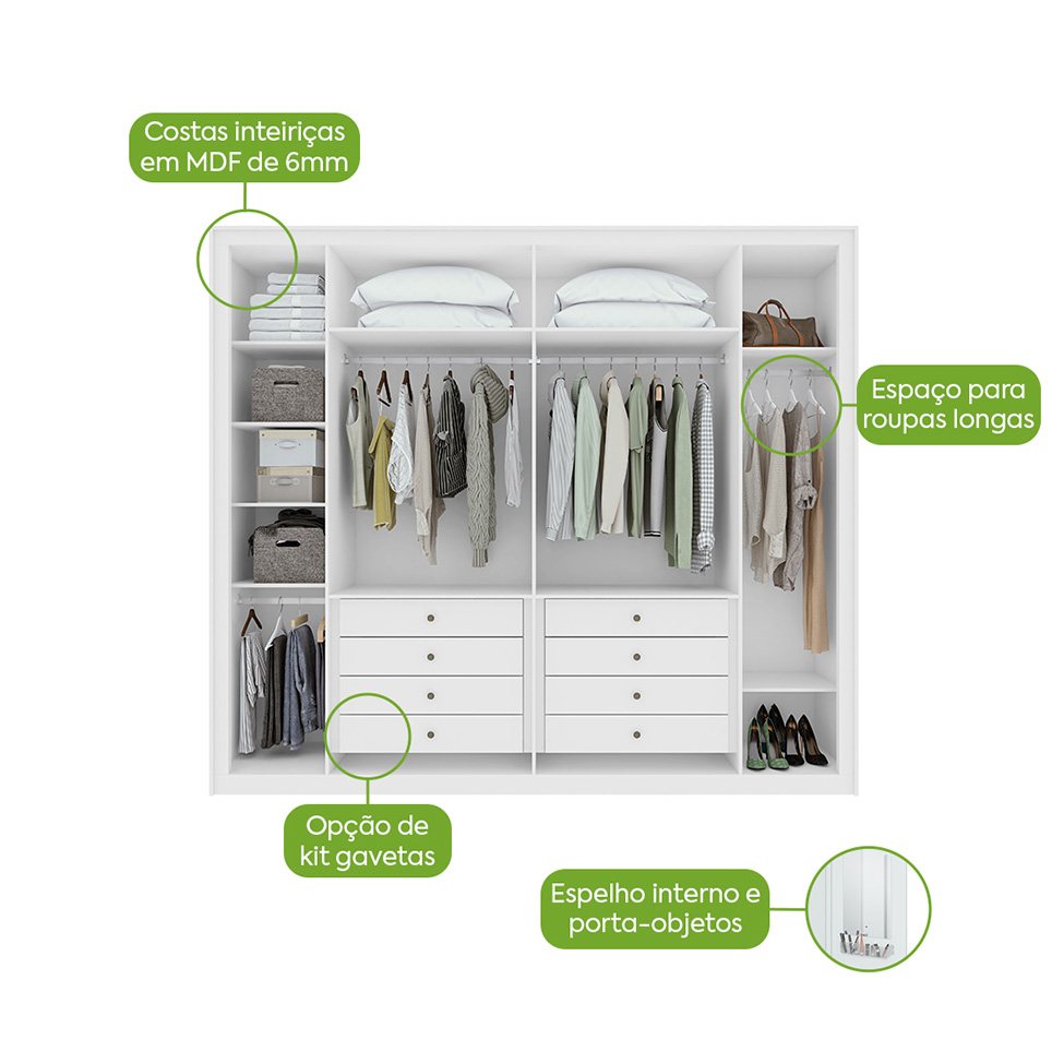 Guarda-Roupa Casal com Espelho e Pés Imperatore 6 Portas 8 Gavetas Branco