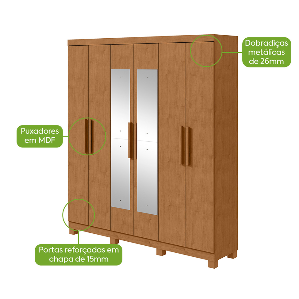 Guarda-Roupa Casal com Espelho e Pés Jazz 6 Portas 3 Gavetas Amêndoa Clean