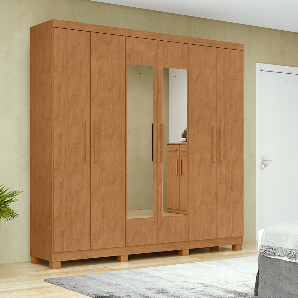 Guarda-Roupa Casal com Espelho e Pés Jazz 6 Portas 3 Gavetas Amêndoa Clean