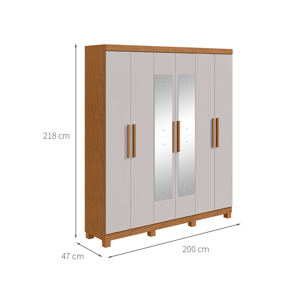 Guarda-Roupa Casal com Espelho e Pés Jazz 6 Portas 3 Gavetas Amêndoa Clean e Off White