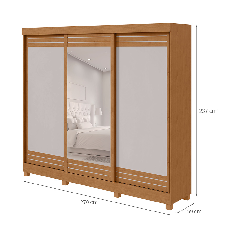 Guarda-Roupa Casal com Espelho e Pés Nice 3 Portas 6 Gavetas Amêndoa Clean e Off White