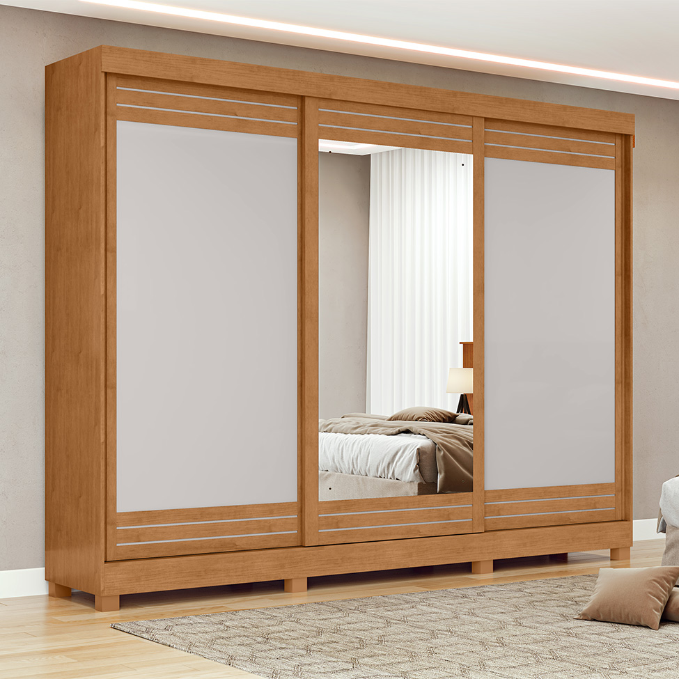 Guarda-Roupa Casal com Espelho e Pés Nice 3 Portas 6 Gavetas Amêndoa Clean e Off White