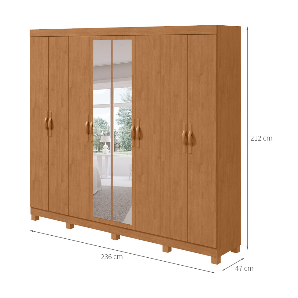 Guarda-Roupa Casal com Espelho e Pés Serenata 8 Portas 6 Gavetas Amêndoa Clean