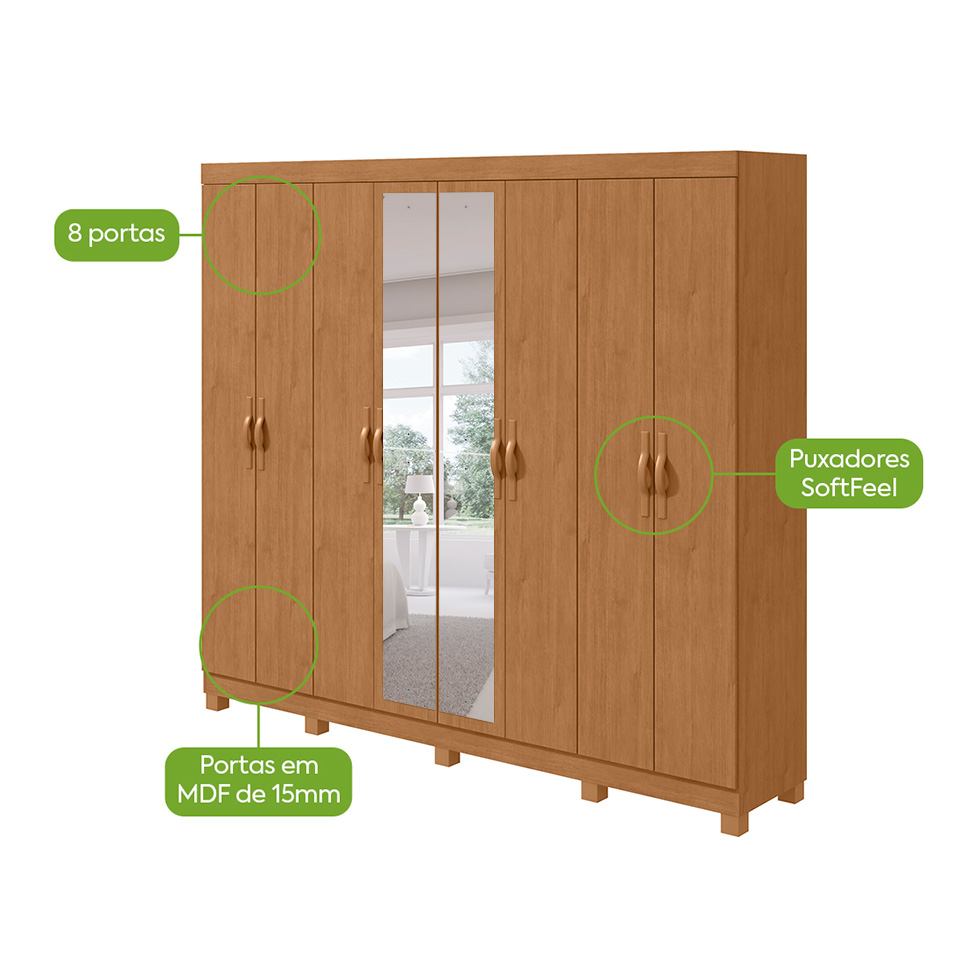 Guarda-Roupa Casal com Espelho e Pés Serenata 8 Portas 6 Gavetas Amêndoa Clean