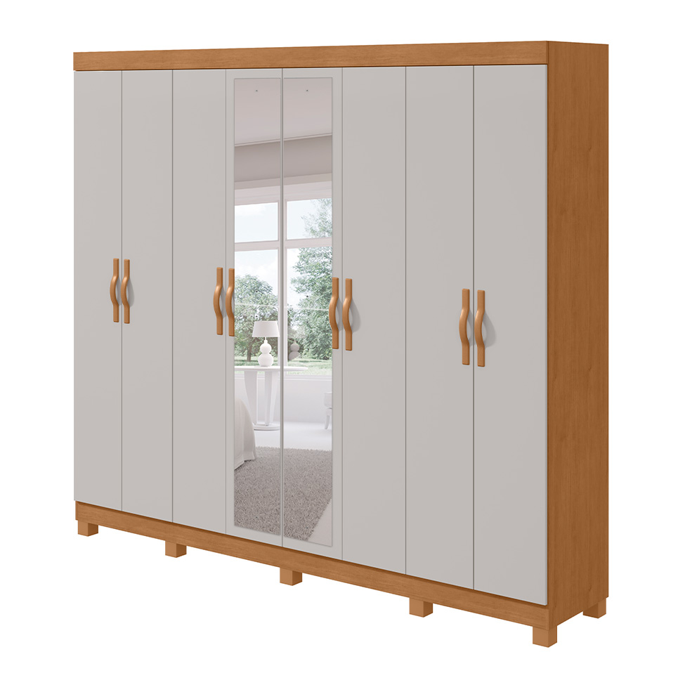 Guarda-Roupa Casal com Espelho e Pés Serenata 8 Portas 6 Gavetas Amêndoa Clean e Off White