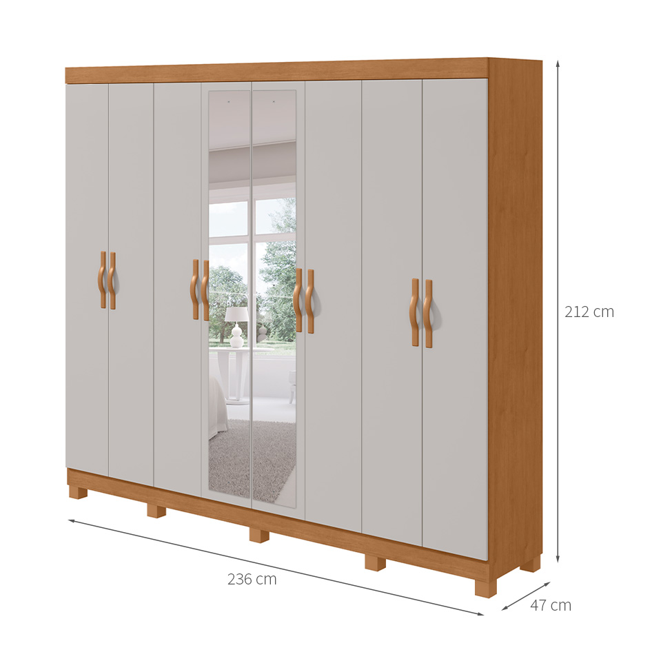 Guarda-Roupa Casal com Espelho e Pés Serenata 8 Portas 6 Gavetas Amêndoa Clean e Off White