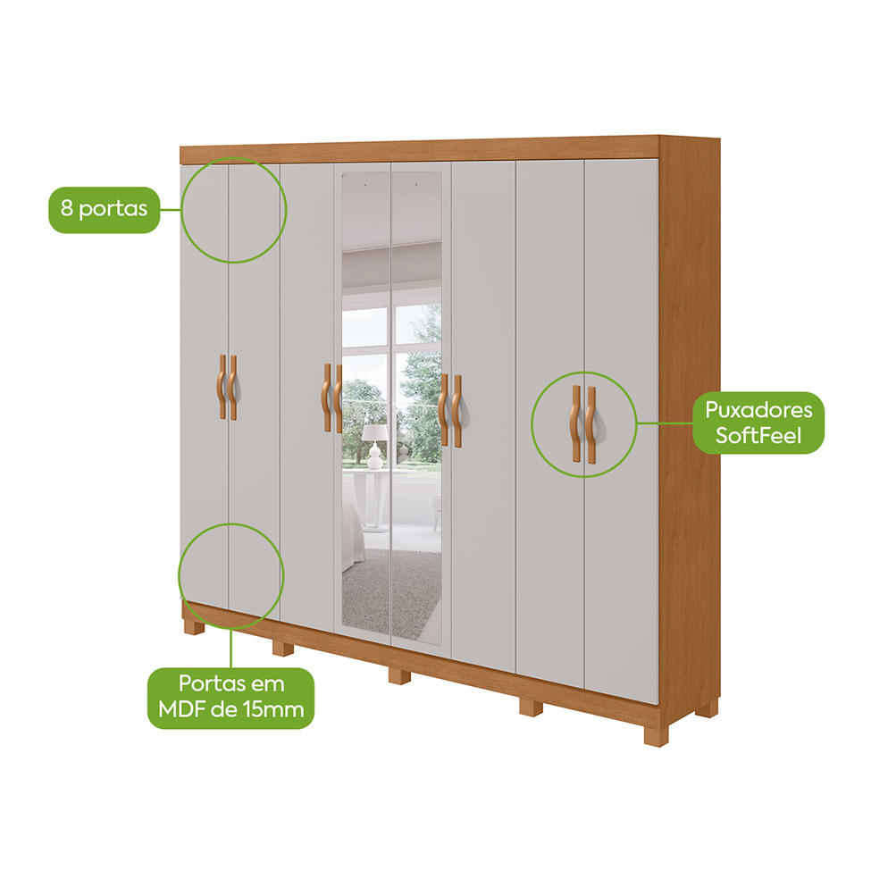 Guarda-Roupa Casal com Espelho e Pés Serenata 8 Portas 6 Gavetas Amêndoa Clean e Off White