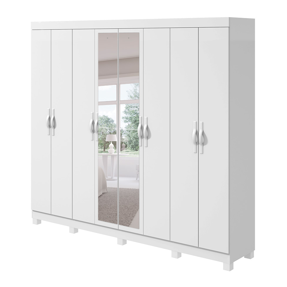 Guarda-Roupa Casal com Espelho e Pés Serenata 8 Portas 6 Gavetas Branco