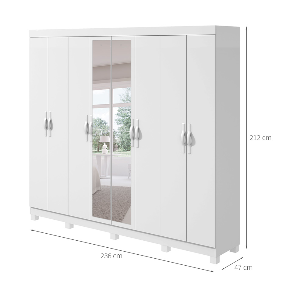 Guarda-Roupa Casal com Espelho e Pés Serenata 8 Portas 6 Gavetas Branco