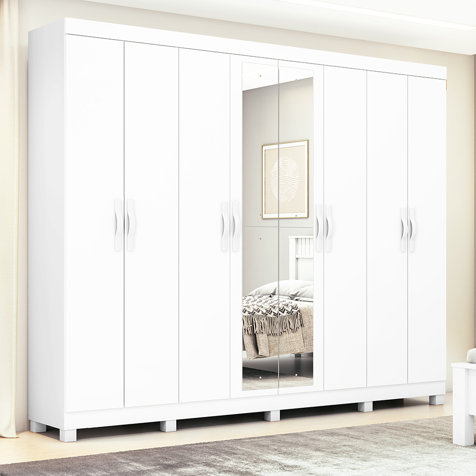 Guarda-Roupa Casal com Espelho e Pés Serenata 8 Portas 6 Gavetas Branco