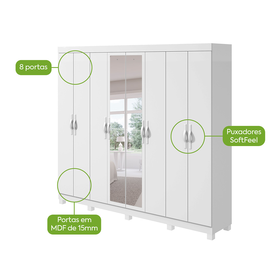 Guarda-Roupa Casal com Espelho e Pés Serenata 8 Portas 6 Gavetas Branco