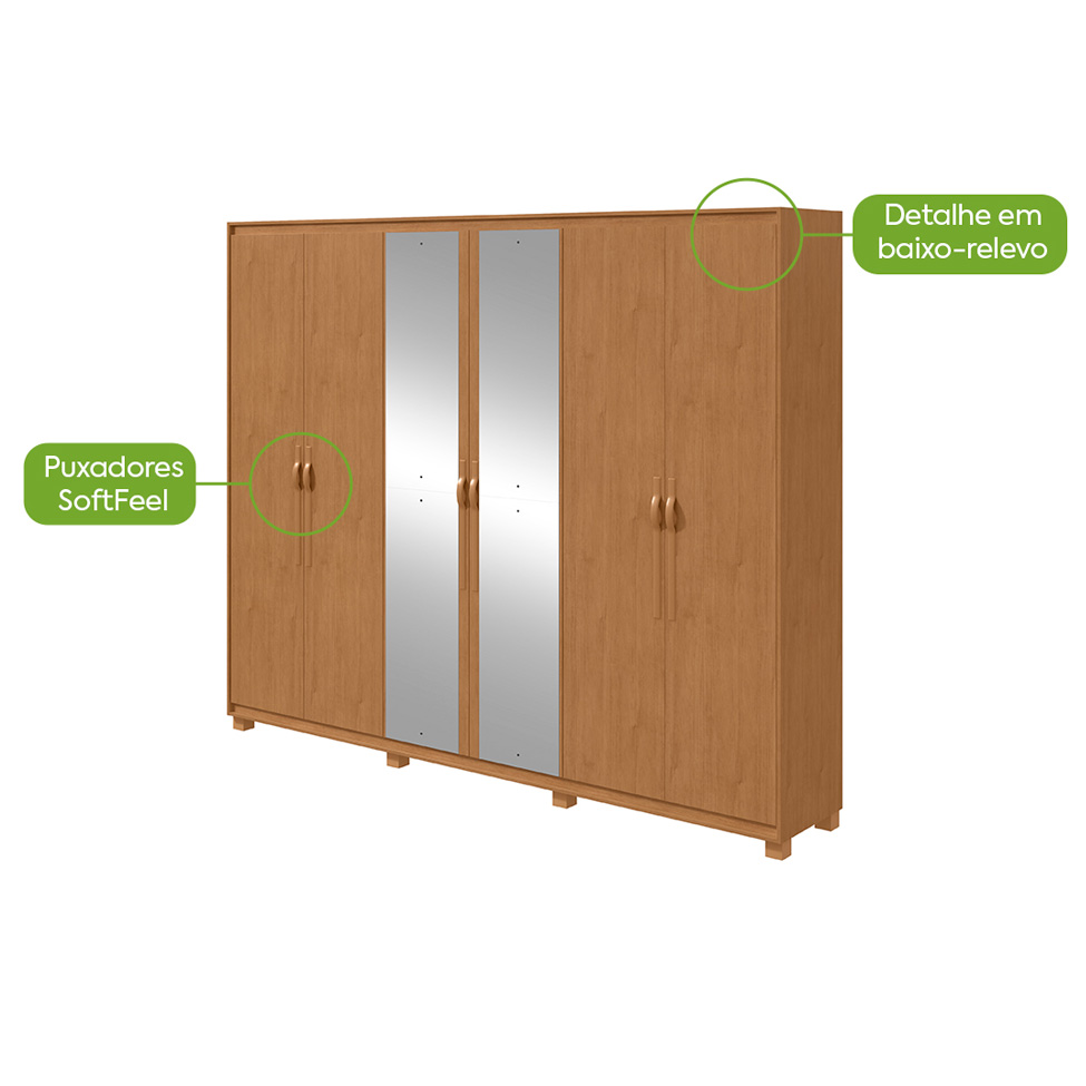 Guarda-Roupa Casal com Espelho e Pés Suavitá 6 Portas 6 Gavetas Amêndoa Clean