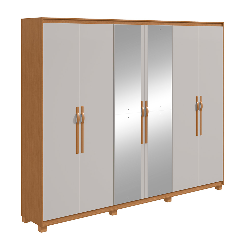 Guarda-Roupa Casal com Espelho e Pés Suavitá 6 Portas 6 Gavetas Amêndoa Clean e Off White