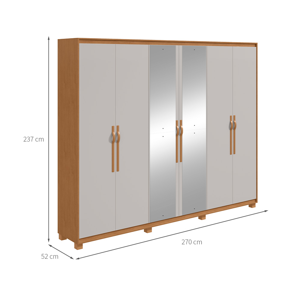 Guarda-Roupa Casal com Espelho e Pés Suavitá 6 Portas 6 Gavetas Amêndoa Clean e Off White