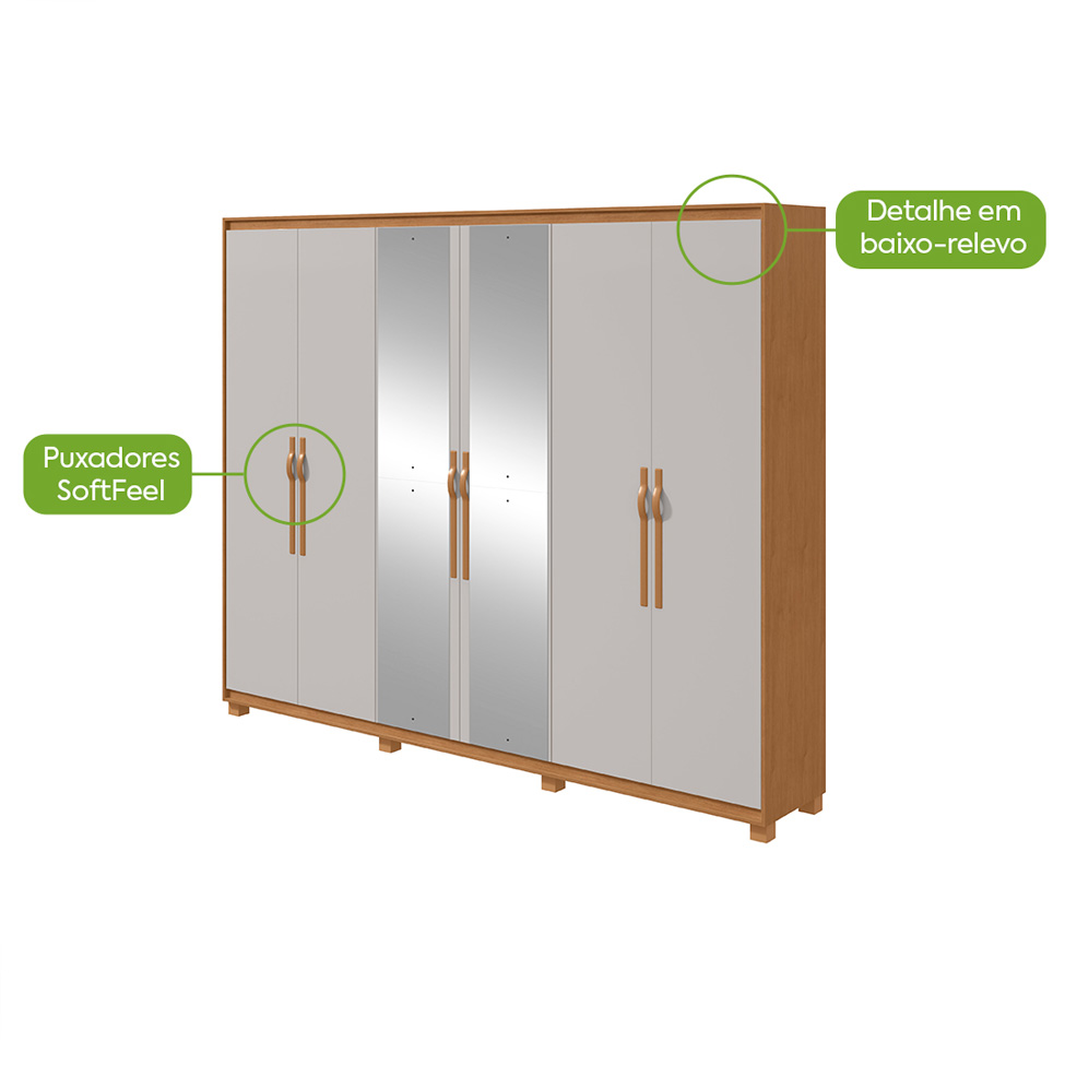 Guarda-Roupa Casal com Espelho e Pés Suavitá 6 Portas 6 Gavetas Amêndoa Clean e Off White