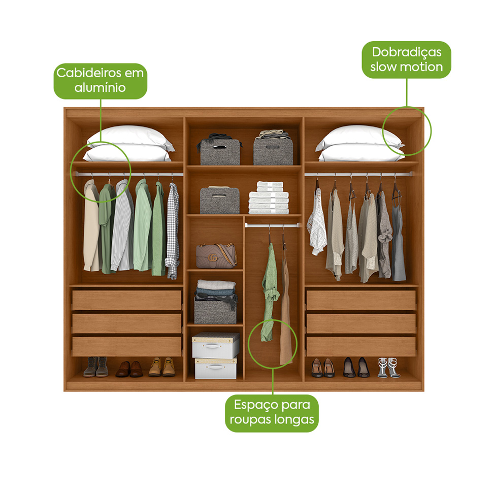 Guarda-Roupa Casal com Espelho e Pés Suavitá 6 Portas 6 Gavetas Amêndoa Clean e Off White