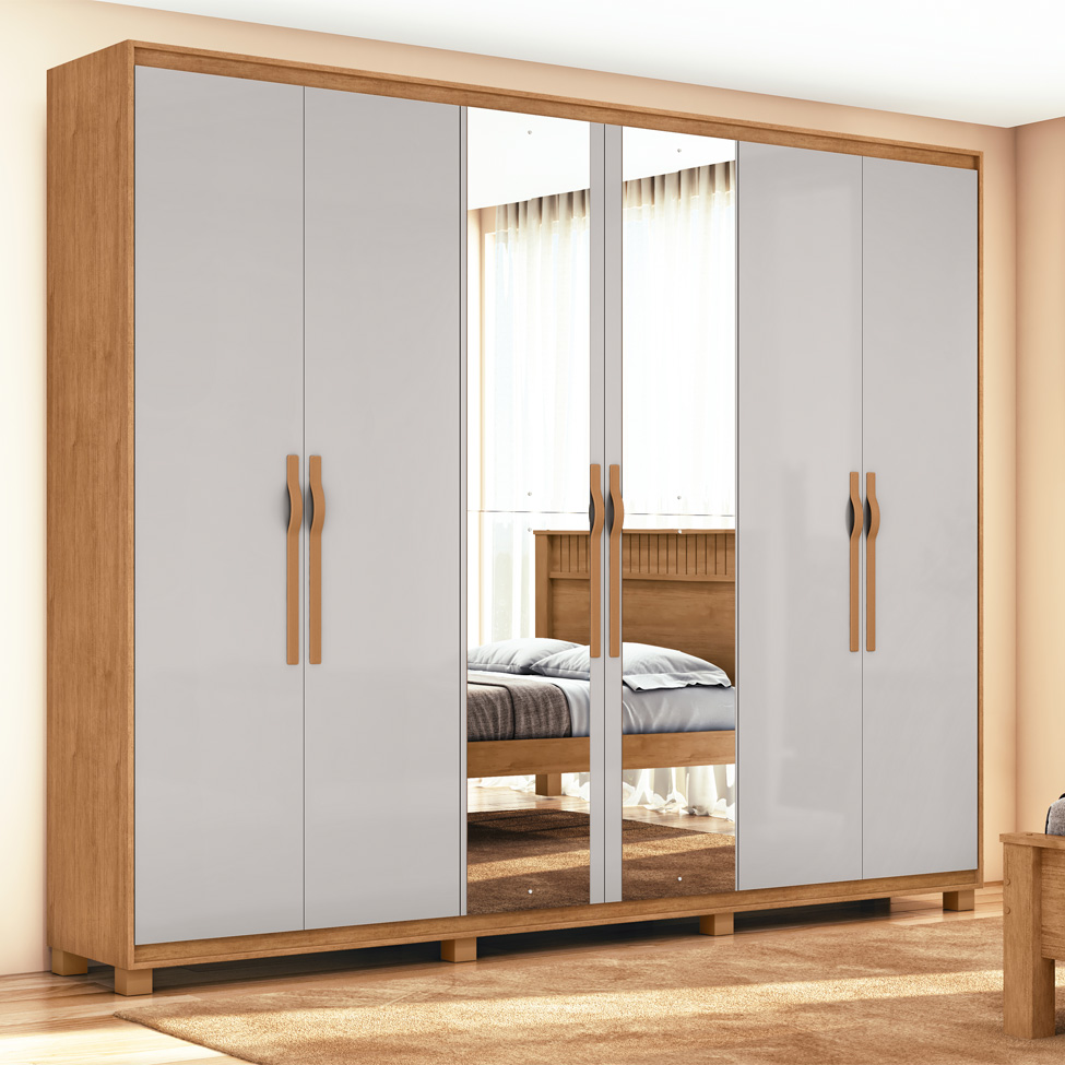 Guarda-Roupa Casal com Espelho e Pés Suavitá 6 Portas 6 Gavetas Amêndoa Clean e Off White